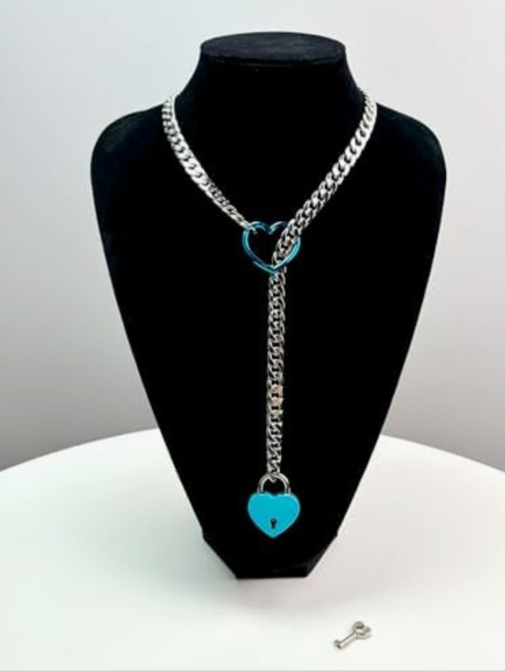 Paloli Slip Knot Chain Heart Necklace & Padlockb Punk Rock Cuban Link Blue Steel